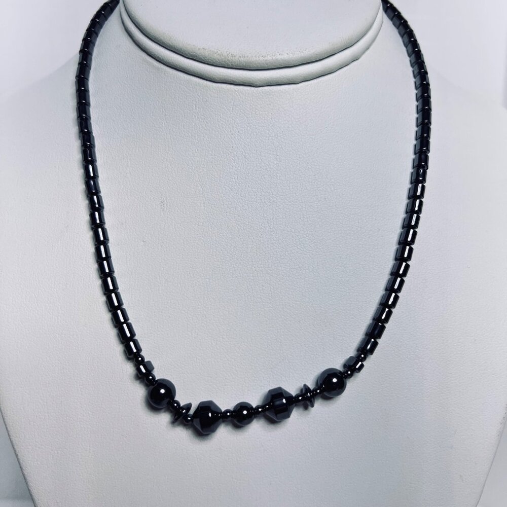 Gray Hematite Beaded Necklace With Gold Tone Barrel Clasp 18" (6121)
